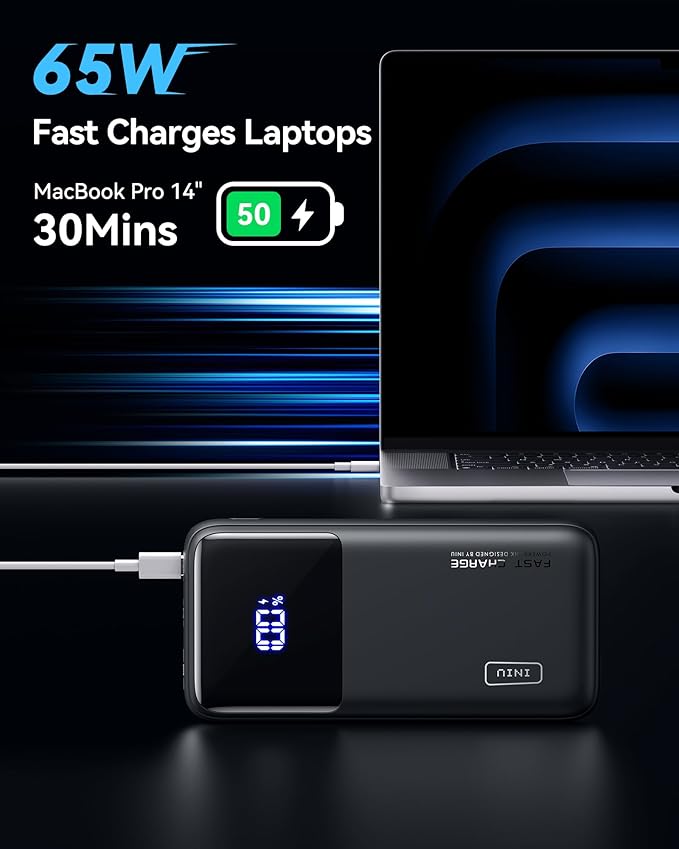 INIU Portable Charger, 20000mAh 65W Compact USB C Laptop Power Bank, PD QC Fast Charging 3-Output Battery Pack, Travel Charger for Laptop MacBook iPad Tablet Steam Deck iPhone 17 16 15 14 Samsung S24