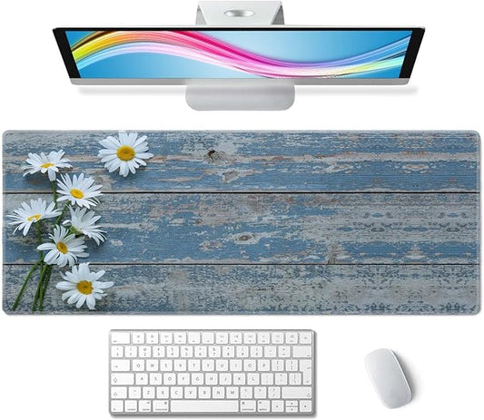 Large Gaming Mouse Pad, Extended XL Mousepad, Non-Slip Rubber Base Keyboard Mouse Mat Desk Pad for Work, Game, Office, Home, 31.5 x 11.8 in, Daisy Flowers on Old Wooden