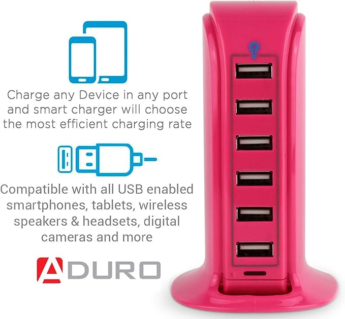 Aduro 40W 6-Port USB Desktop Charging Station HubWall Charger for iPhone iPad Tablets Smartphones with Smart Flow (Pink)