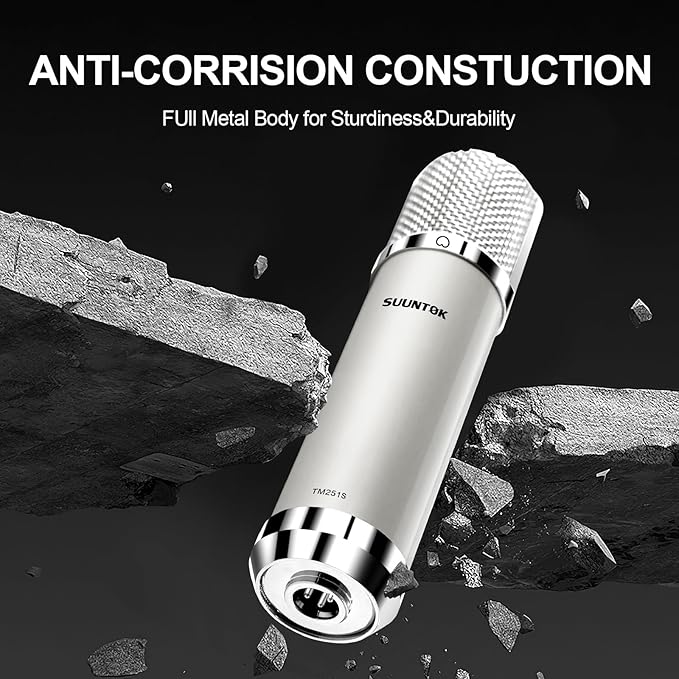 FET Condenser Microphone Professional XLR Studio Microphone with 34mm Large Diaphragm, Cardioid Recording Mic Computer Gaming PC TM251S Mic Kit for Singing, Podcasting, YouTube (Gray)