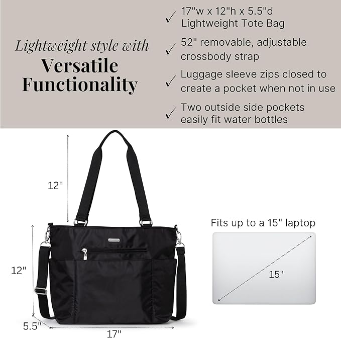 Baggallini Essential Laptop Tote - Work Tote Bag with Laptop Sleeve - Lightweight Travel Crossbody Shoulder Bag for Women