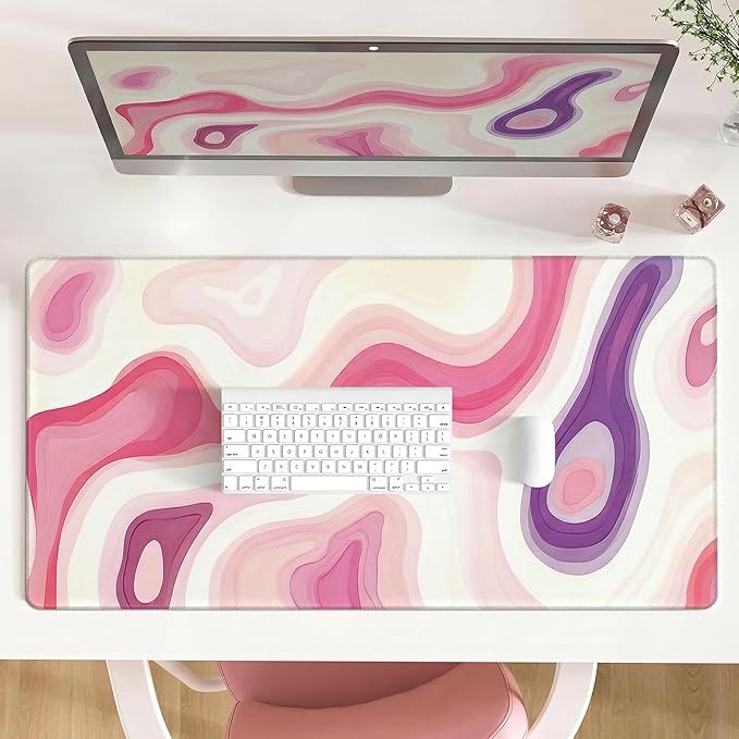 AQQA Large Gaming Mouse Pad 31.5x15.7 Inch, Abstract Desk Mat with Non-Slip Base & Stitched Edge, Pink Cute Keyboard Mat for PC Desktop, Office Home Decor, Modern Colorful Design