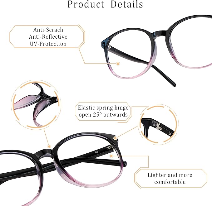 LifeArt Round Blue Light Blocking Glasses, Computer Glasses, Gaming Glasses, TV Glasses for Women Men (Black Purple, 0.75 Magnification)