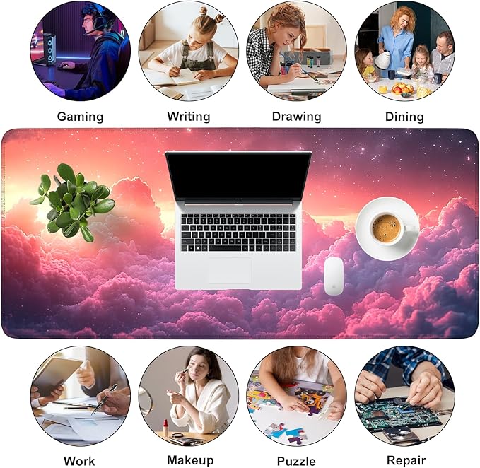 Mouse Pad, Large Anti-Slip with Stitched Edges Desk Mat Desktop Laptop Computer Desk Keyboard Mat,Table Protector Blotter Mat (Cloud, 35.4" x 15.7")