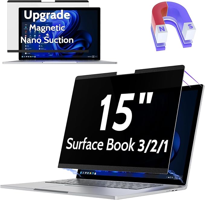 Peslv Magnetic Privacy Screen for Surface Book 3/2/1 15 Inch, Removable Anti Blue Light Glare Filter, Black Security Private Apy Block Protector