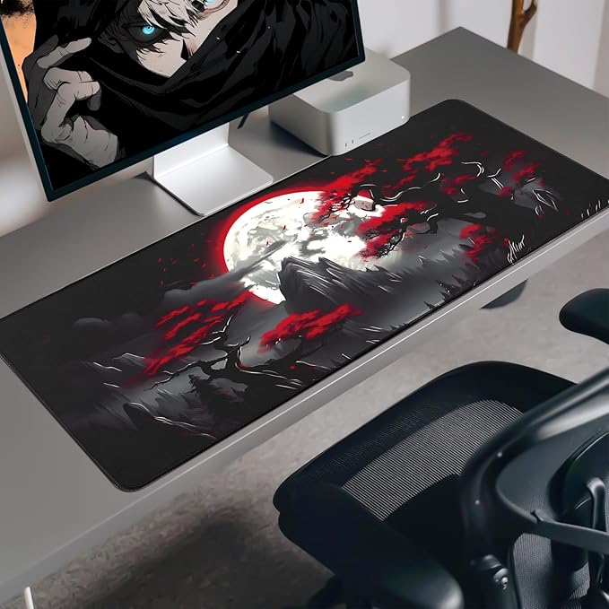 Large Gaming Mouse Pad, Anime Black Mousepad with with Non-Slip Base, Expanded Cool Desk Mat, Mountain Moon Scenery XL Keyboard Mat Suitable for Home Office,35.4 X 15.7 Inch