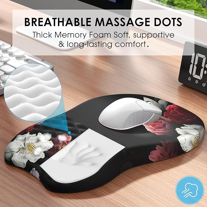 MROCO Ergonomic Mouse Pad with Wrist Support, Wrist Rest Mousepads for Carpal Tunnel Pain Relief, Memory Foam Pad with Massage Bulge and Non-Slip Base for Office, Home, Black Flower