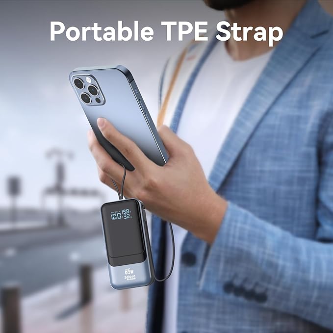 Fast Charging Power Bank 18400mAh 65W Portable Laptop Charger, LCD Display, Travel Essential Battery Pack with Built-in USB-C & Lightning Cables for iPhone 16/15/14/13/12 MacBook Samsung