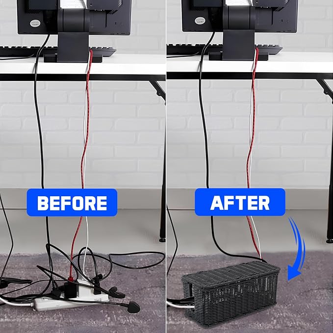 Cable Management Box, Handmade Rattan Cable Organizer with 2 Open Slots, Cord Hider for Power Strip, Router & USB Hub, Registered U.S. Design Patent (D1,112,102), 13" x 5.1" x 5.1", Black - Image 6