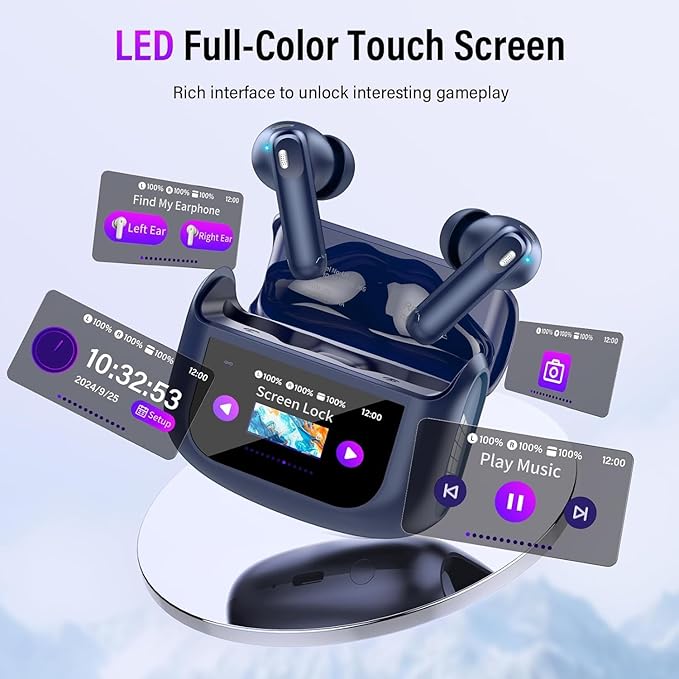 Wireless Earbuds, Bluetooth 5.4 Headphones with Multifunctional Touch Screen, 48H Bass Stereo Ear Buds with ANC/ENC Noise Cancelling/Transparency Mode, IPX7 Earphones with 5 EQ Modes, Dark Blue