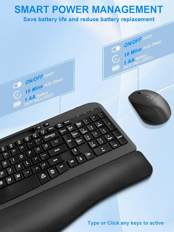 Wireless Keyboard and Mouse Combo, Wave Keys Computer Ergonomic Keyboard with Cushioned Plam Rest, Phone Holder, 2.4GHz Silent 6 Button Wireless Mouse Set for Laptop, PC, Windows, Mac (Black)