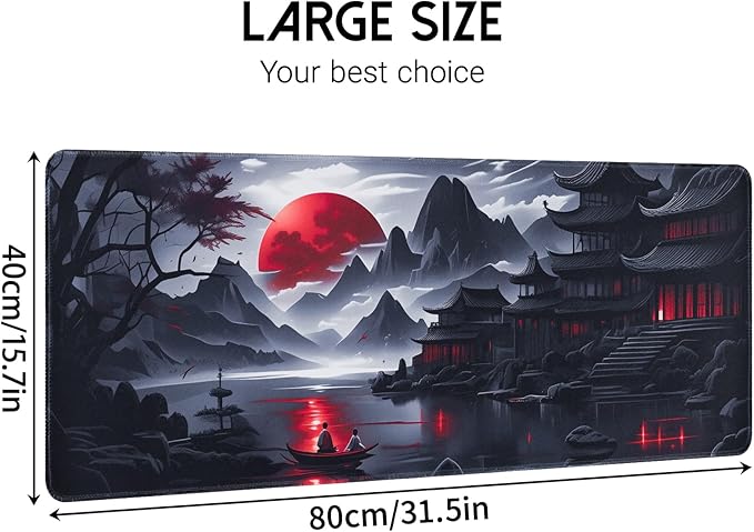 Large Gaming Mouse Pad, Anime Black Mousepad with Stitched Edges, Expanded Cool Desk Mat, Japanese Red Moon XL Keyboard Mat Suitable for Home Office,31.5 X 15.7 Inch