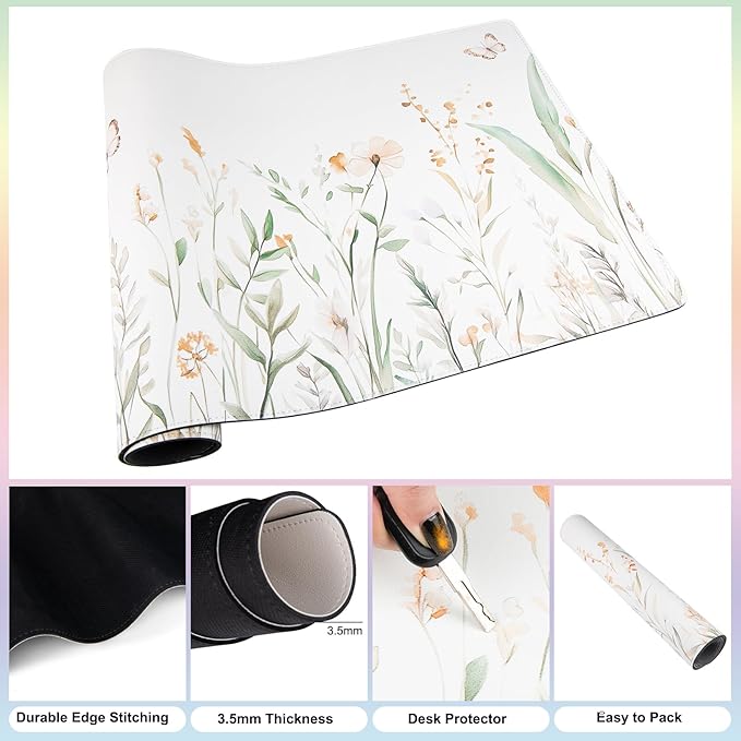 QIYI Large Mouse Pad for Desk, Floral Computer Desk Mat for Keyboard and Mouse, Non-Slip Rubber Base Waterproof Leather Desk Pad, Green Leaves Gaming Mousepad Office Desk Accessories, 31.5" x 15.7"