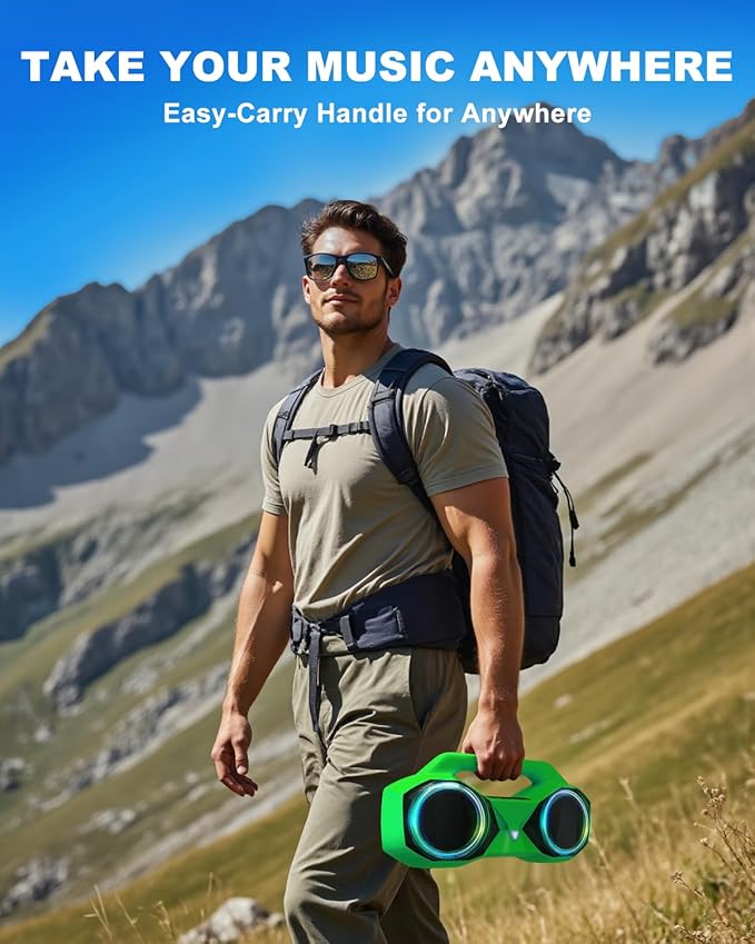 OZJ Bluetooth Speaker 80W(Peak) Loud with Bass, 20H Playtime, IPX7 Waterproof, RGB Lights, TWS, Large Portable Wireless Speakers for Outdoor, Home, Party, Pool, Beach, Tailgating, Gym, Work (Green)