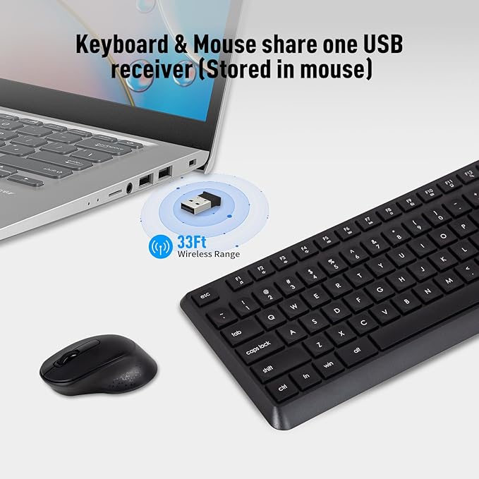 HUO JI Silent Wireless Keyboard and Mouse Combo, 2.4G Full-Size Thin Computer Keyboard Set, Quiet and Soft Ergonomic Wireless Keyboard Mouse for Windows, Laptop/PC/PS/Mac Desktop, Black