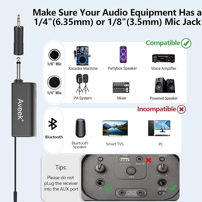 Aveek Wireless Karaoke Microphone, Rechargeable Handheld Mic with Receiver for Powered Speakers and Amplifiers, Karaoke Microphone Set for Singing, Weddings, DJ, Parties (2 Pack)