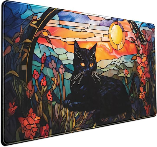 Black Cat Desk Mat Vintage Sunset XXL Large Mouse Pad Laptop Desk Mousepad with Stitched Edges, Keyboard Pad Mouse Mat for Work Game Office Desk Accessories 31.5x15.7 in