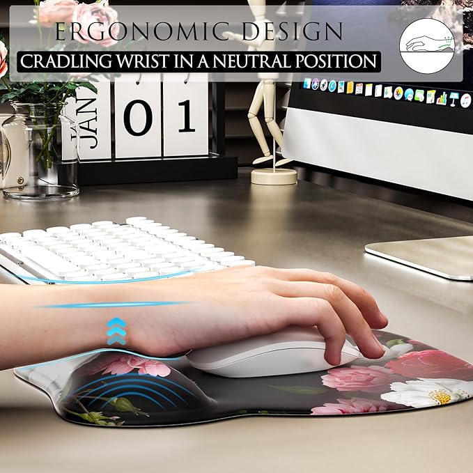 MROCO Ergonomic Mouse Pad with Gel Wrist Rest, Smooth Wrist Support Surface, Non-Slip PU Base for Pain Relief, Comfortable Mousepad for Computer, Laptop, Office & Home, 9.4 x 8.1 in, Black Flower