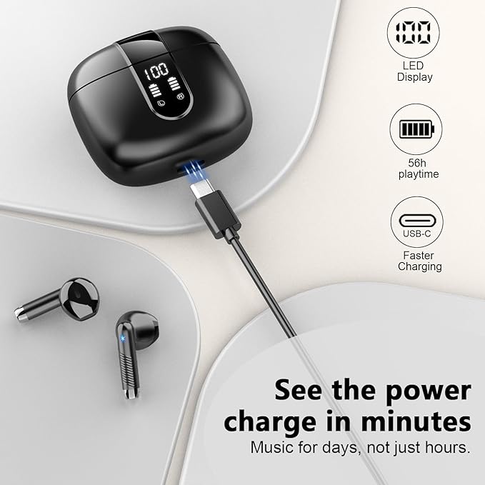 Wireless Earbuds, Bluetooth Headphones V5.4 Stereo Bass Ear Buds with ENC Noise Cancelling Mics,56H Bluetooth Earbuds with LED Display Charging Case, IP7 Waterproof Earphones for Android iOS【Mini】