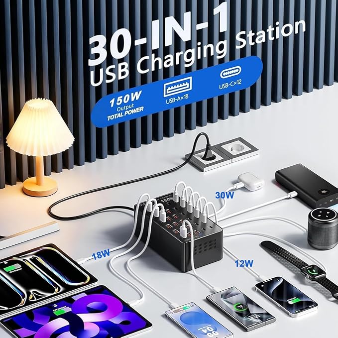USB Charging Station 30 Port, 150W Multiple USBC Charging Block(18 USB A+12 Type C Port) Desktop Charger Hub for Multiple Devices Compatible with iPhone/iPad/Smartphones/Tables/and More Devices