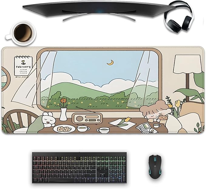 Girl and Rabbit Desktop Mouse Pad, Large Desk Mat, Cartoon Cute Gaming Mouse Pad for Computer Office Home Work (27.5X11.8 in)