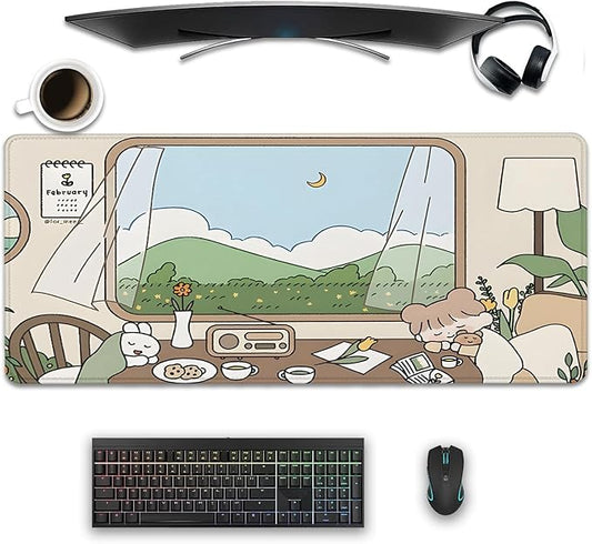 Girl and Rabbit Desktop Mouse Pad, Large Desk Mat, Cartoon Cute Gaming Mouse Pad for Computer Office Home Work (27.5X11.8 in)