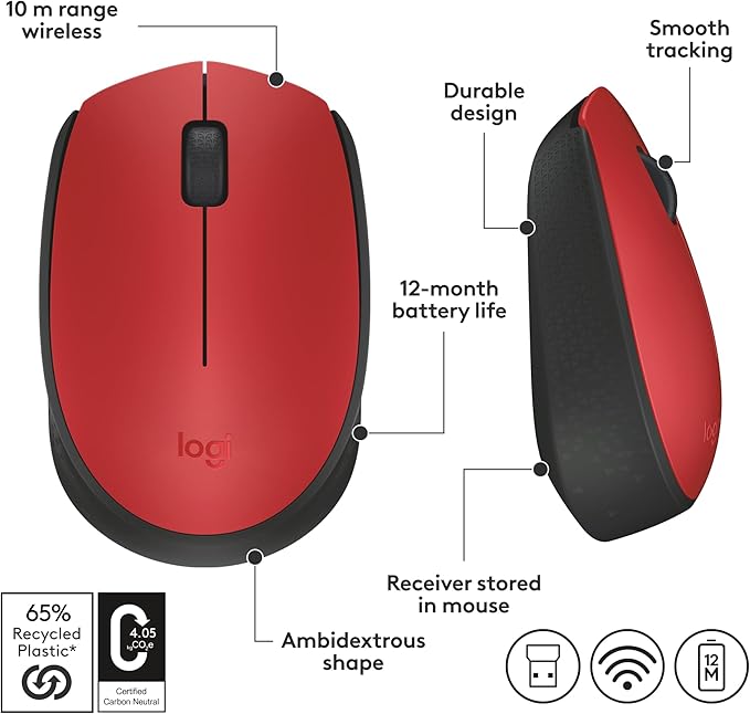 Logitech M170 Wireless Mouse for PC, Mac, Laptop, 2.4 GHz with USB Mini Receiver, Optical Tracking, 12-Months Battery Life, Ambidextrous - Red