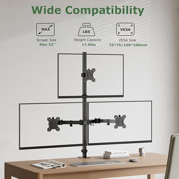 UPGRAVITY 3 Monitor Desk Mount for 17 to 32 inch Screens, Fully Adjustable Triple Monitor Stand with Tilt,Swivel,Rotate, Each Arm Holds up 17.6 lbs,VESA Mount 75x75/100x100mm, Clamp & Grommet Kit