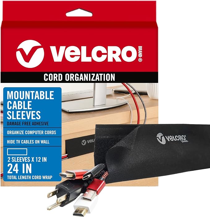 VELCRO Brand VEL-30797-USA Mountable Cable Sleeve | Cord Management Mounts on Walls, Desk or Entertainment Center | Removable Adhesive is Damage Free | 12in Black, 2pk, 12in-2Pk by VELCROBrand