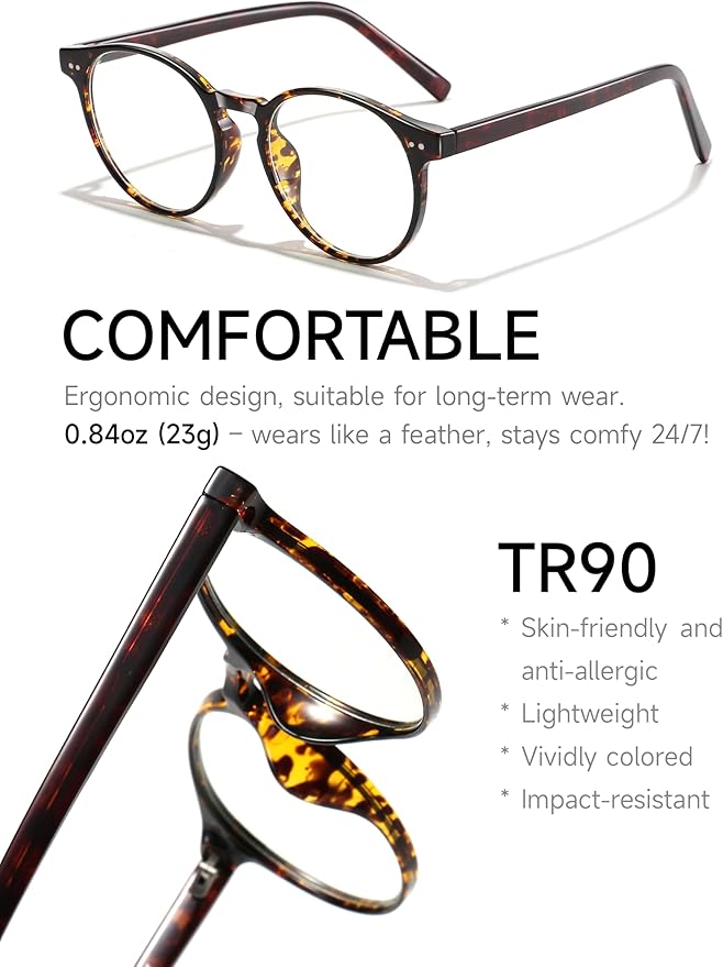 Round Blue Light Blocking Glasses Lightweight Chic Frame Anti Eye Strain Protection Computer Gaming for Women and Men