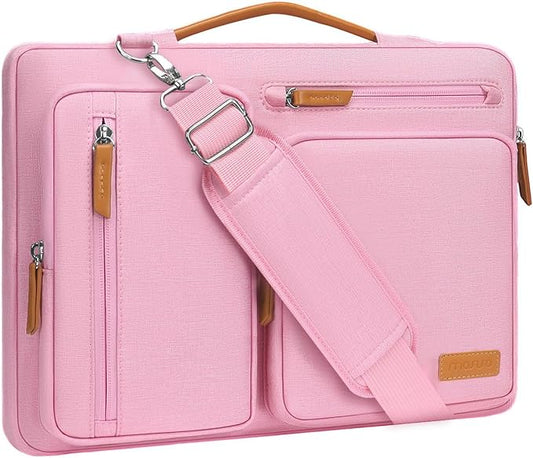 MOSISO 360 Protective Laptop Shoulder Bag,13-13.3 inch Computer Bag Compatible with MacBook Pro 14, HP, Dell, Lenovo, Asus Notebook,Side Open Messenger Bag with 4 Zipper Pockets&Handle, Pink