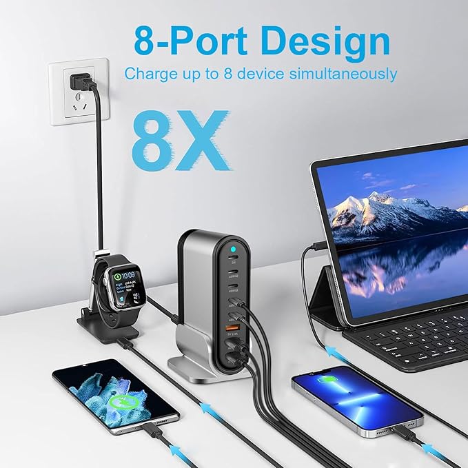 USB C Fast Charger - 285W GaN 8 Port Fast Charging Station Tower Hub: Type C Charger Block Power Strip Adapter Plug for MacBook iPad iPhone 17/16/15/14/13/12 Pro Max Samsung Galaxy & More Smartphones