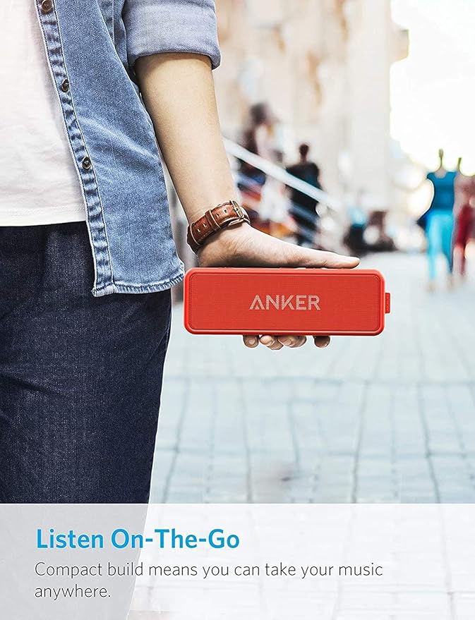 Soundcore Anker 2 Portable Bluetooth Speaker with Better Bass, 24-Hour Playtime, 66ft Bluetooth Range, IPX5 Water Resistance & Built-in Mic, Dual-Driver Wireless Speaker (Red) (Renewed)