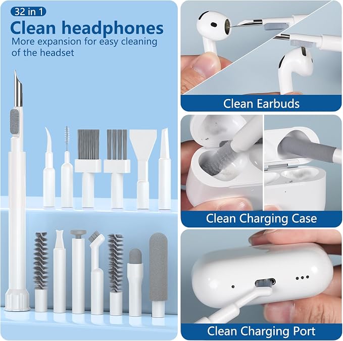 32 in 1 Cell Phone Cleaning kit with Charging Port Cleaner,Stylus Pen,SIM Tool,Keyboard Brush,Speaker Brush,Electronic Cleaning kit for iPhone,AirPods,iPad,Keyboard,MacBook,Earbud,Camera Lens(White) - Image 3