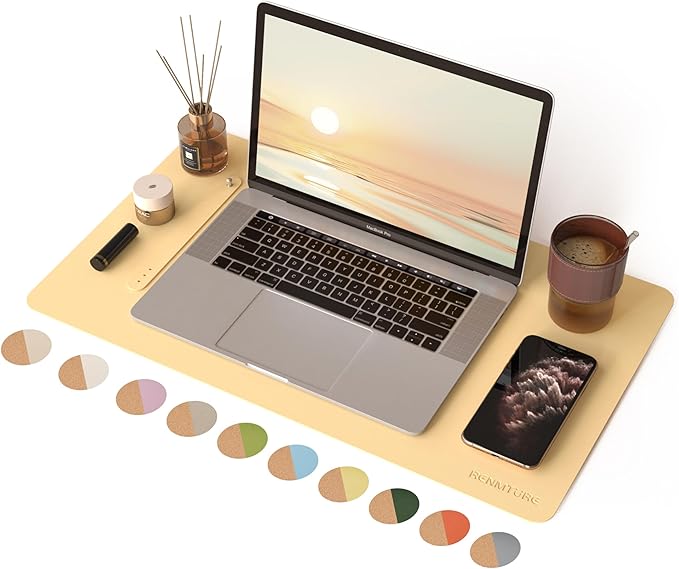 RENMTURE Desk Pad, Cork & PU Leather Desk Mat, Large Mouse pad, Non-Slip Desk Protector and Blotter, Waterproof Writing Pad, Desk Accessories and Organizers for Work (Light Yellow, 23.6" x 13.7")