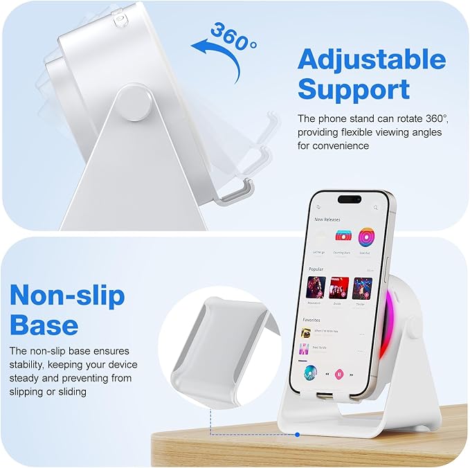TARKARI Wireless Induction Speaker, 5 in 1 Bluetooth Speaker, 360° Rotation Cell Phone Stand with Ambient Light Compatible with iPhone iPad Android Tablet, Birthday Gifts for Women Men Him