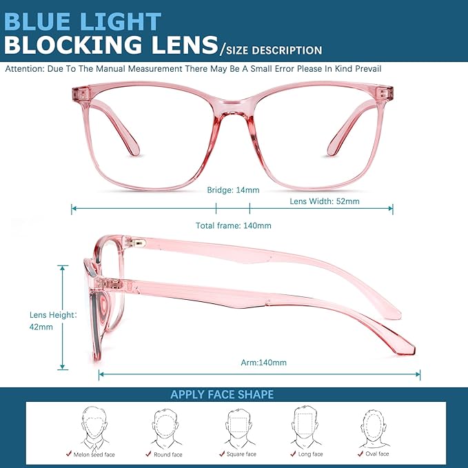 Oilway Blue-Light Blocking Glasses Computer Reading/Gaming/TV/Phones Glasses Fashion Anti Eyestrain Glasses for Women Men（B8 Douhua + Pink）