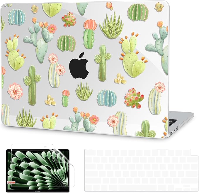 G JGOO Compatible with MacBook Air 13 inch Case 2026 2025-2022 M5 A3449 M4 A3240 M3 A3113 M2 A2681, Clear Hard Shell for MacBook Air 13.6 inch Case + Keyboard Cover + Screen Protector, Cacti