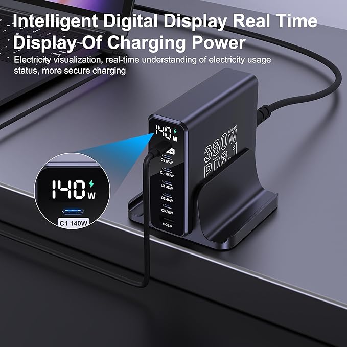 URVNS 380W USB C Charger, GaN III 7 Ports PD3.1 140W PPS 45W QC60W Fast Charging Station with LED Display for MacBook Laptop, iPhone 16/15/14 Pro Max, iPad, Galaxy S25/S24, Steam Deck and More