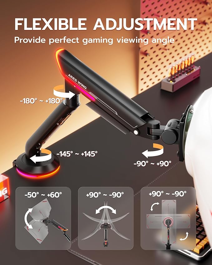 ARES WING Single Monitor Mount with RGB, Heavy-Duty Gaming Monitor Arm fits for 24"-57" Ultrawide Screen, Adjustable Computer Monitor Stand Holds Up to 60LBS with VESA Mount, Clamp & Grommet, Black