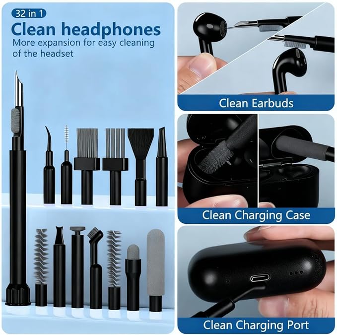 32 in 1 Cell Phone Cleaning kit with Charging Port Cleaner,Stylus Pen,SIM Tool,Keyboard Brush,Speaker Brush,Electronic Cleaning kit for iPhone,AirPods,iPad,Keyboard,MacBook,Earbud,Camera Lens(Black) - Image 3