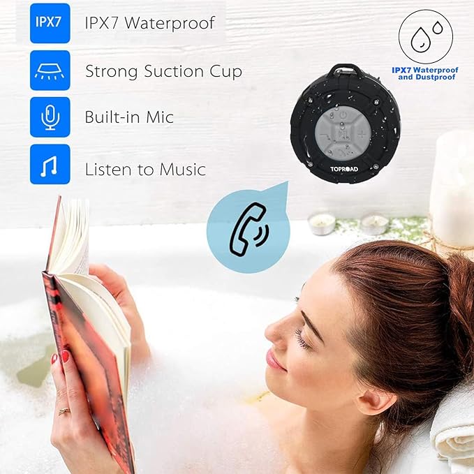 TOPROAD Portable Shower Speaker, IPX7 Waterproof Wireless Outdoor Speaker with HD Sound, 2 Suction Cups, Built-in Mic, Hands-Free Speakerphone for Bathroom, Pool, Beach, Hiking, Bicycle(Grey)