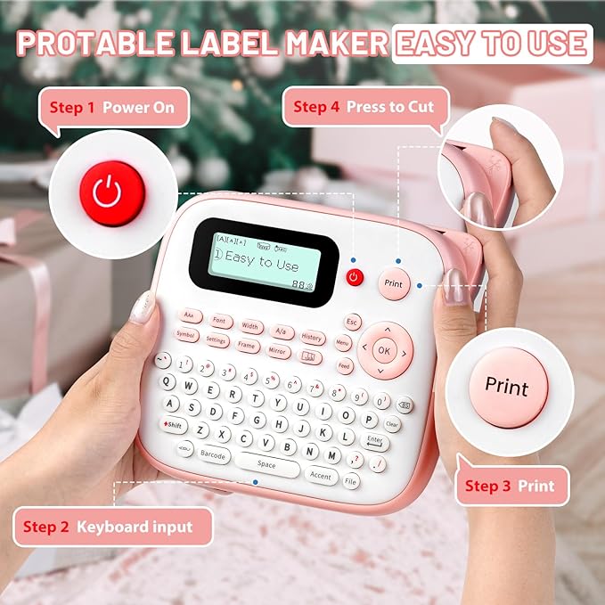 Pink Label Maker Machine with-Tape Waterproof, Portable Kids Label Maker, Keyboard Labeler Handheld, D210S Easy Labeler Machine with Multiple Fonts Frame Barcode for Home Office School Supplies
