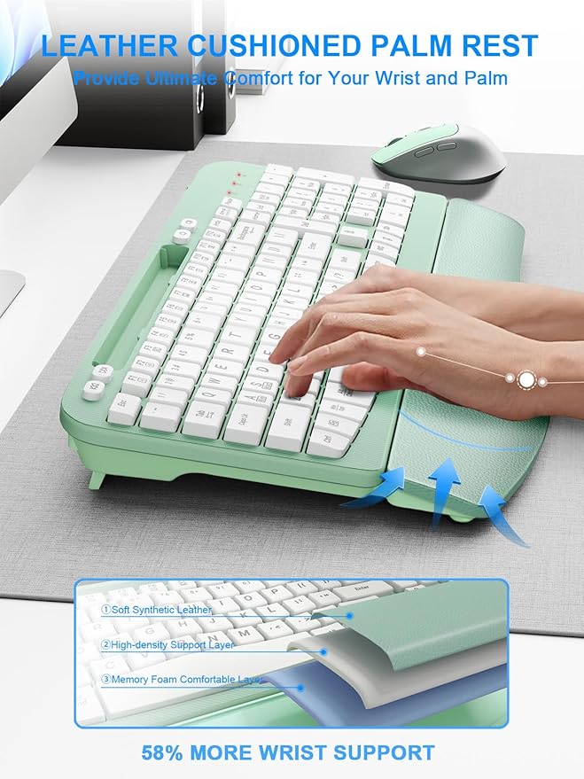 Wireless Keyboard and Mouse Combo, Wave Keys Computer Ergonomic Keyboard with Cushioned Plam Rest, Phone Holder, 2.4GHz Silent 6 Button Wireless Mouse Set for Laptop, PC, Windows, Mac (Mint Green)