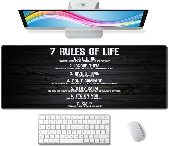 Gaming Mouse Pad, Large Non-Slip Rubber Base Mousepad, Keyboard Mouse Mat, Desk Pad with Stitched Edges, 31.5x11.8inch, 7 Rules of Life Motivational Quotes
