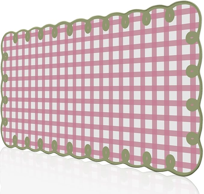 Cute Pink Green Scalloped Desk Mat Checkered Large Mouse Pad Kawaii Retro Cozy Vintage Cottagecore Aesthetic Office Desk Decor Stitched Nonslip Pad for Computer Keyboard & Mouse 31 * 15.7in