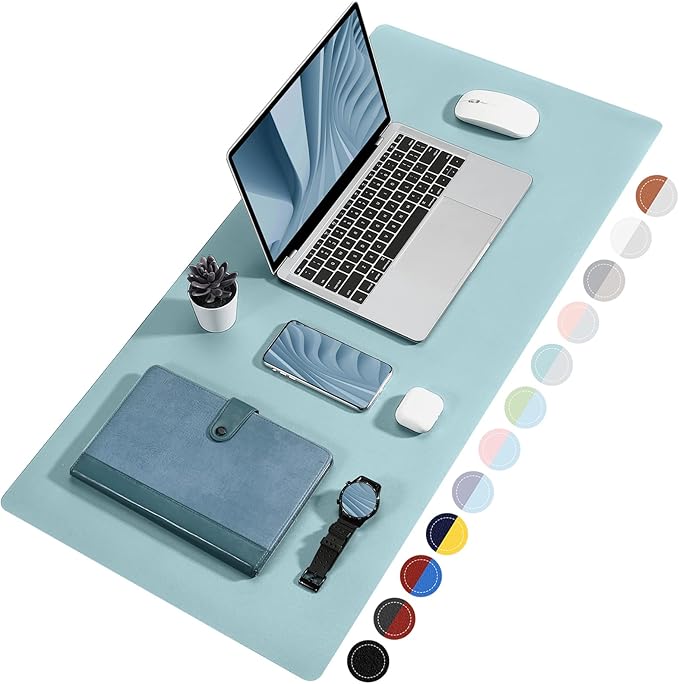 TOWWI Dual Sided Desk Pad, Large Desk Mat, Waterproof Desk Blotter Protector Mouse Pad, Leather Desk Pad Large for Keyboard and Mouse (24" x 14", Blue/Silver)
