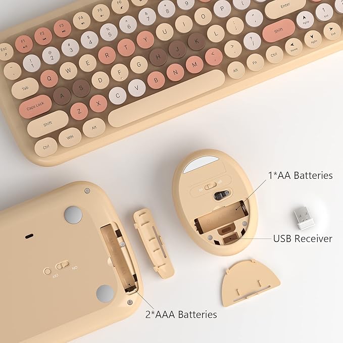 MOFII Wireless Keyboard and Mouse Combo, Retro Typewriter Keyboard with Multi-Media Function Keys and Number Pad Compared for PC Computer Windows 7 8 10 (Milk-Tea Colorful)