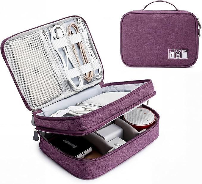 mygreen Electronics Travel Organizer Storage Bag, Double Layer Universal Traveling Gear Accessories Carrying Cover Pouch for iPad Mini Cables Phone Chargers Adapter Flash Hard Drive and More Purple