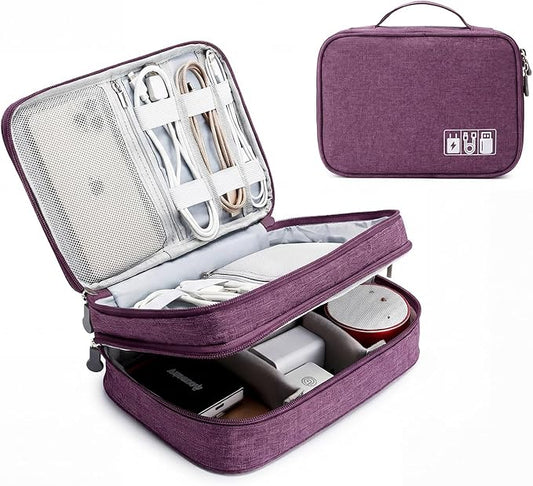 mygreen Electronics Travel Organizer Storage Bag, Double Layer Universal Traveling Gear Accessories Carrying Cover Pouch for iPad Mini Cables Phone Chargers Adapter Flash Hard Drive and More Purple